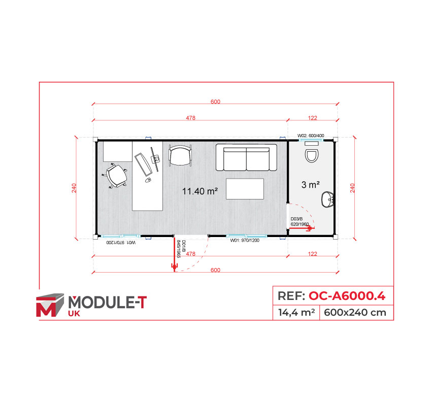 Module T UK | OC-A6000.4 – Site Office Container with Open Workspace, Lounge Area and Sanitary (14.4 m²)