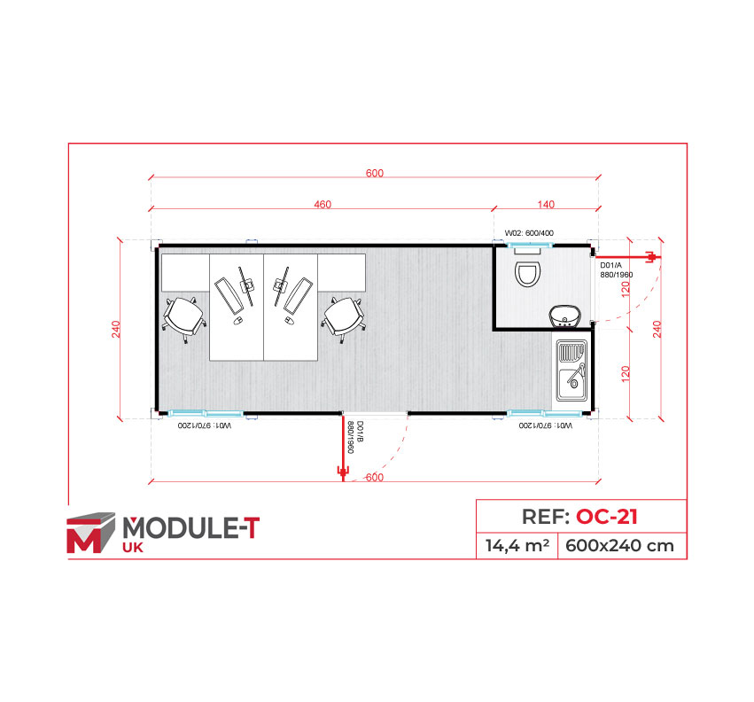 Module T UK | OC-21 – Office Container with Shared Workspace and Sanitary (14.4 m²)
