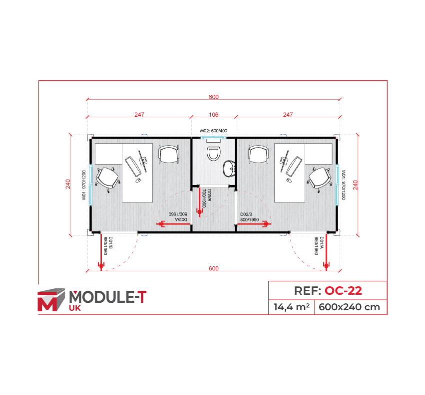 Module T UK | OC-22 – Dual Office Container with Central Sanitary Unit (14.4 m²)