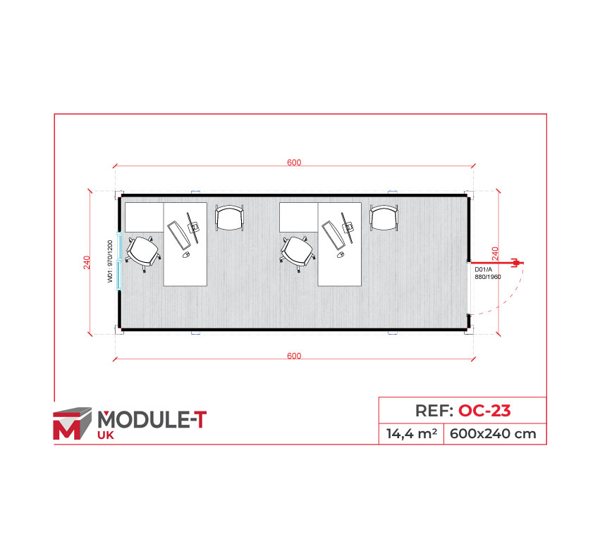Module T UK | OC-23 – Open Plan Office Container with Two Workstations (14.4 m²)