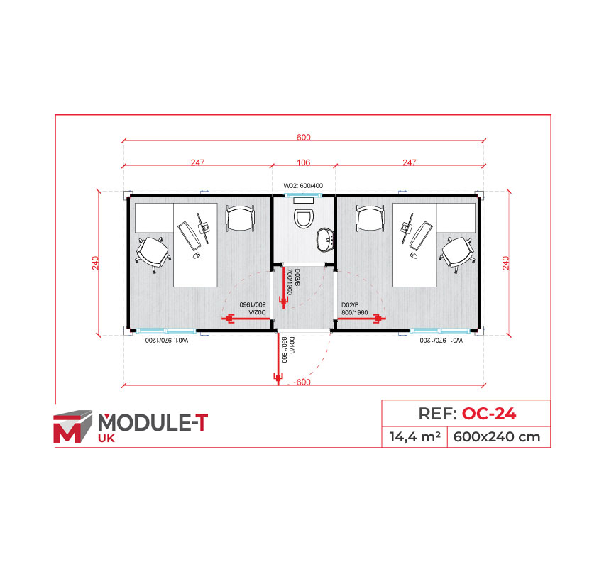 Module T UK | OC-24 – Dual Office Container with Shared Sanitary Unit (14.4 m²)