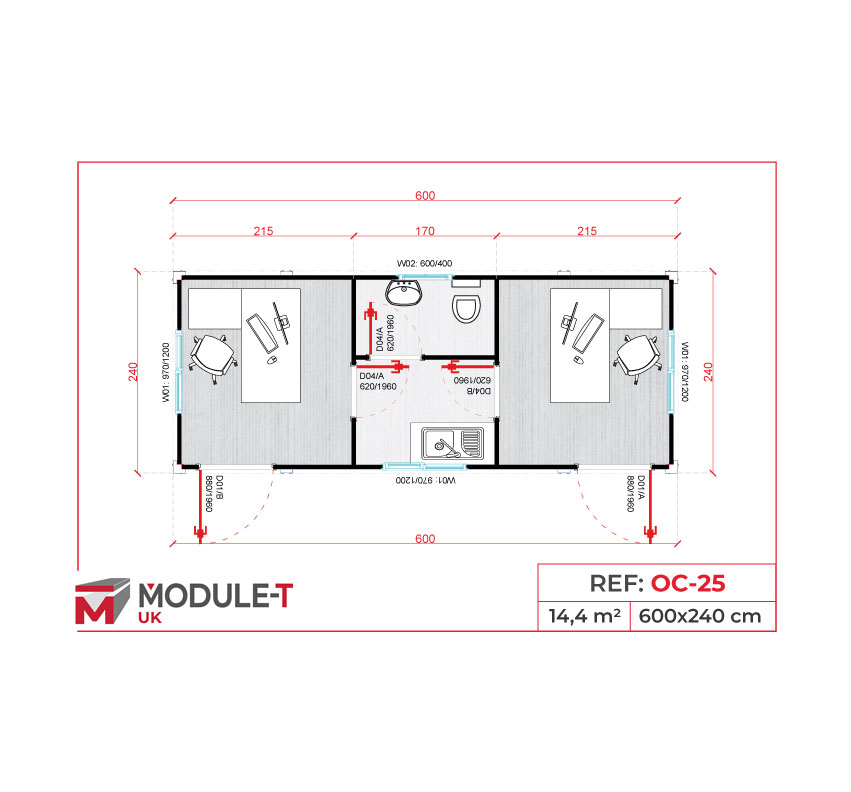 Module T UK | OC-25 – Dual Office Container with WC and Kitchenette (14.4 m²)