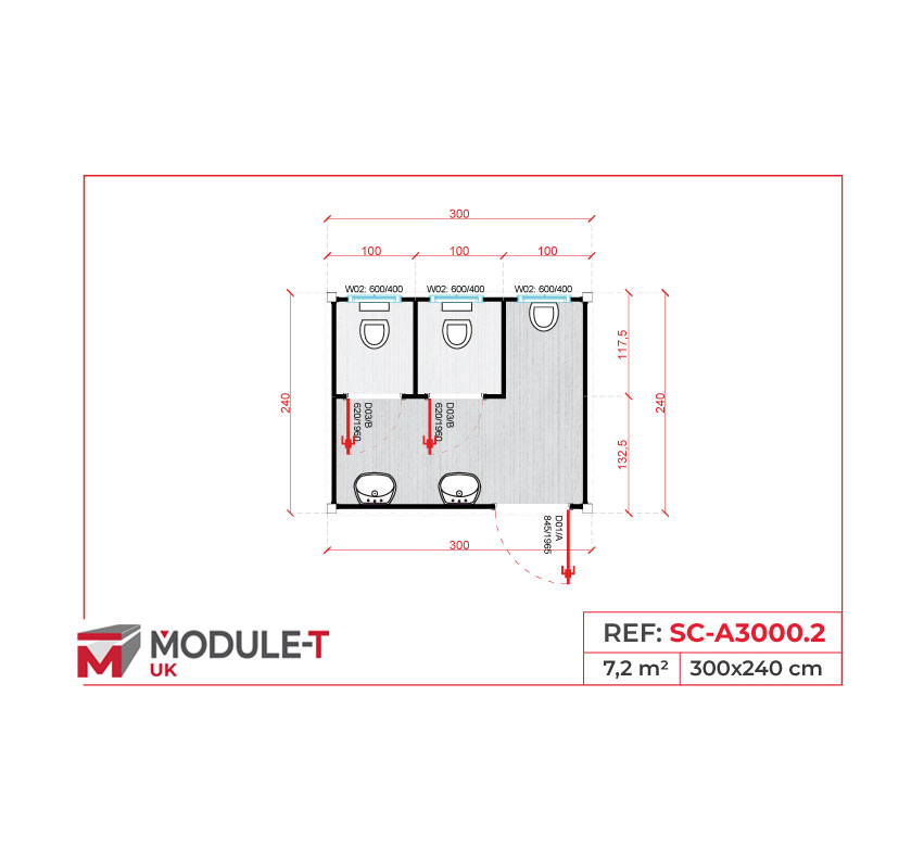 Module T UK | SC-A3000.2 – Construction Site WC with 2 Toilets, 1 Urinal and 2 Washbasins