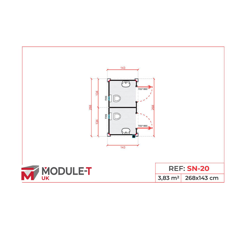 Module T UK | SN-20 – Construction Site Sanitary Cabin with 2 Toilets and Washbasins