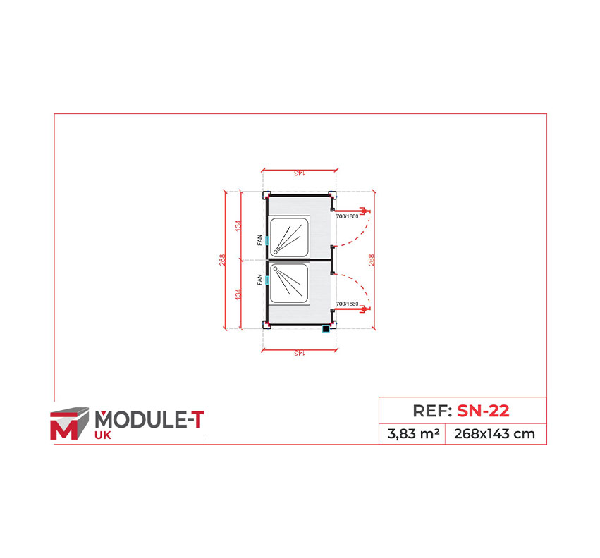 Module T UK | SN-22 – Construction Site Double Shower Cabin (1.43 × 2.68 m)
