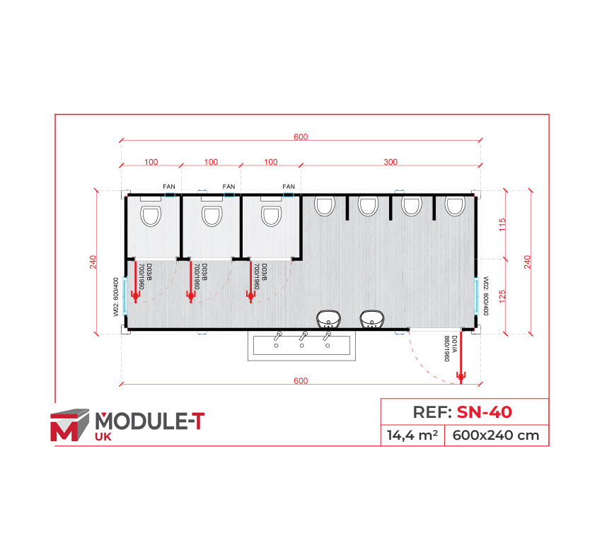 Module T UK | SN-40 – 4 Toilet Cabins with Washbasins