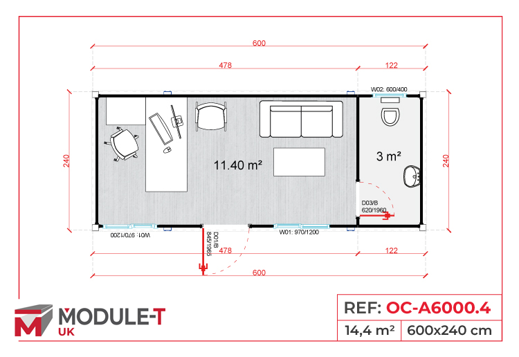 Module T UK | OC-A6000.1 – Site Office Container with Two Large Facing Workstations (14.4 m²)