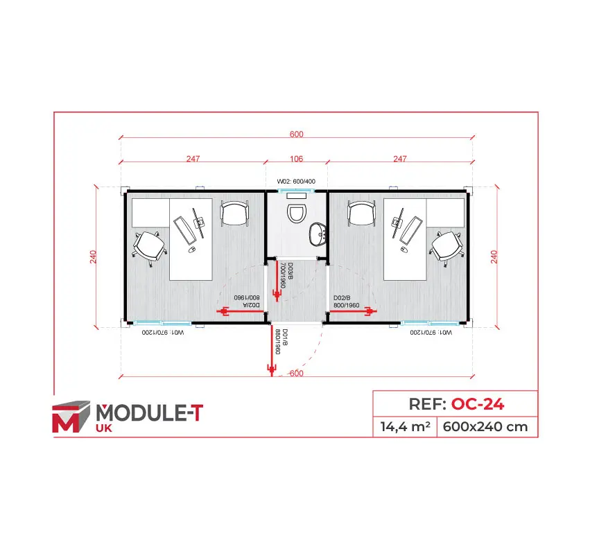 Module T UK | OC-24 – Dual Office Container with Shared Sanitary Unit (14.4 m²)
