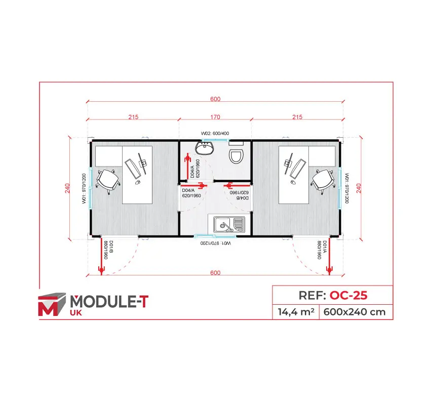 Module T UK | OC-25 – Dual Office Container with WC and Kitchenette (14.4 m²)