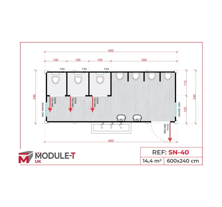 Module T UK | SN-40 – 4 Toilet Cabins with Washbasins
