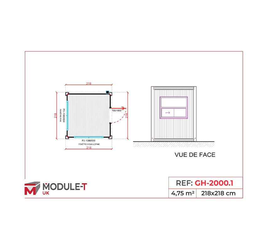 Module T UK | Security Guardhouse Container with Desk Facing Surveillance Window 4 m²