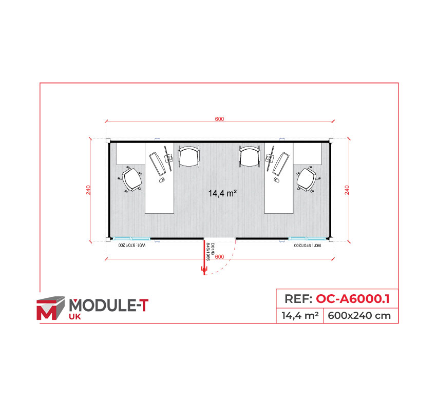 Module T UK | OC-A6000.1 – Site Office Container with Two Large Facing Workstations (14.4 m²)