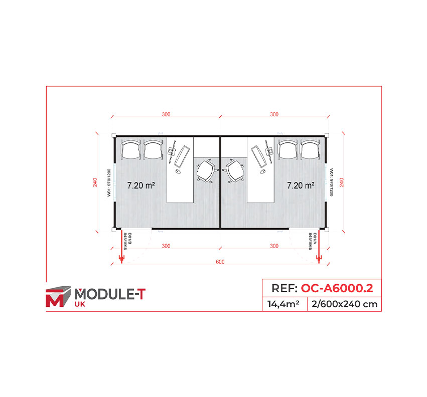 Module T UK | OC-A6000.1 – Site Office Container with Two Large Facing Workstations (14.4 m²)