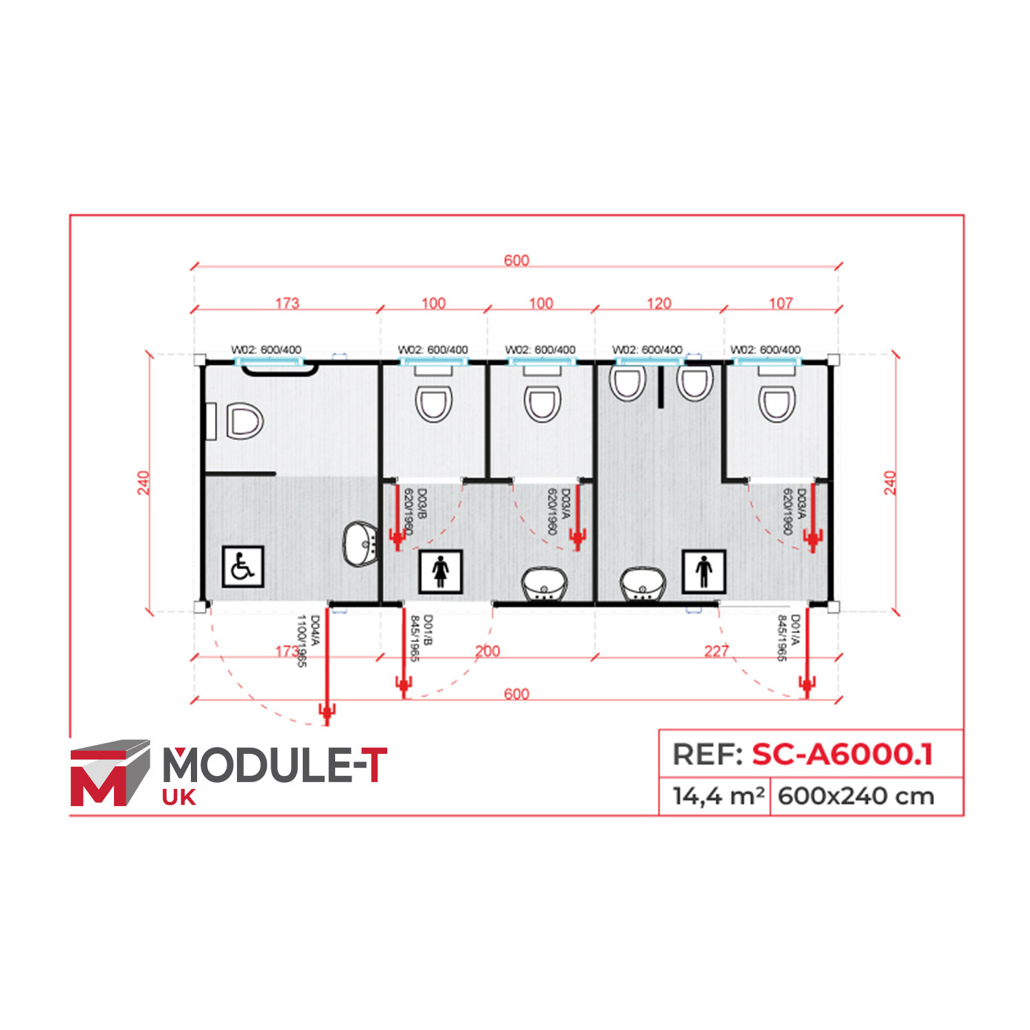 Module T UK | SC-A6000.1 – Combined Sanitary Block with WC, Showers and Accessible WC