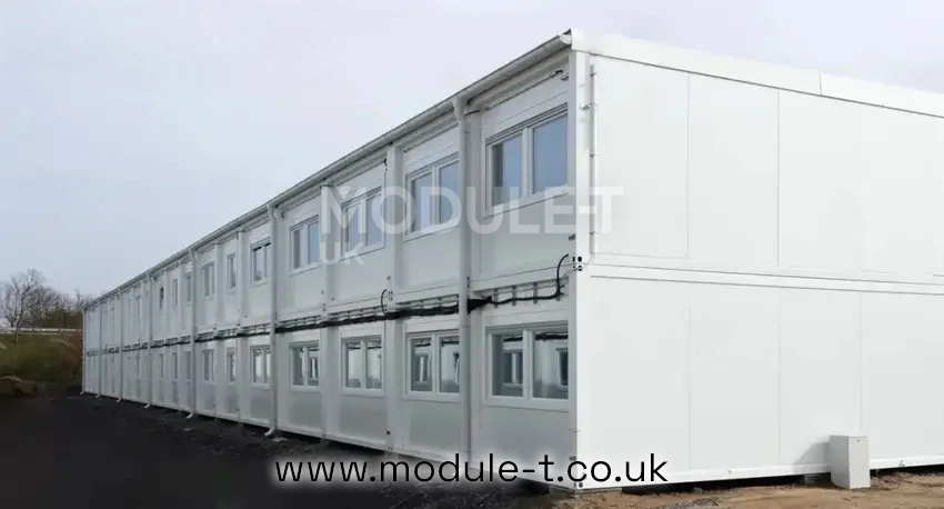 Two-storey modular office building made from connected office containers