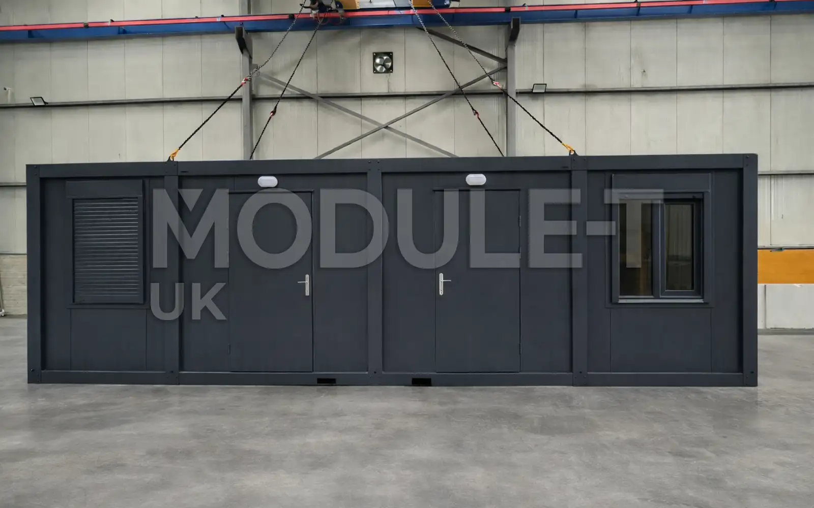 Dark grey office container front view — Module-T UK