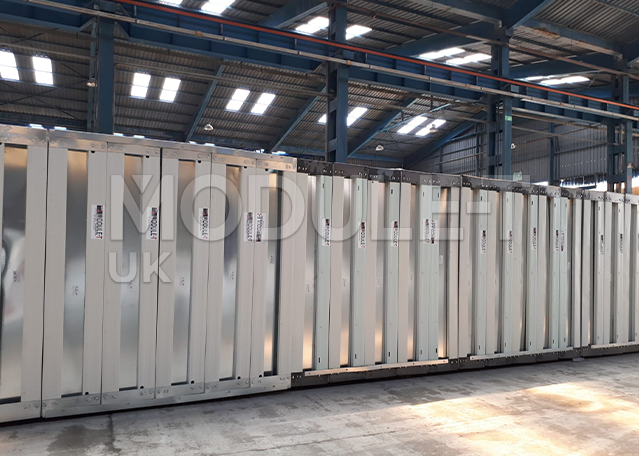 Modular container units during factory preparation