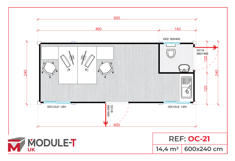 Integrated or separate toilet cabin comparison: OC-21 plan with external WC access