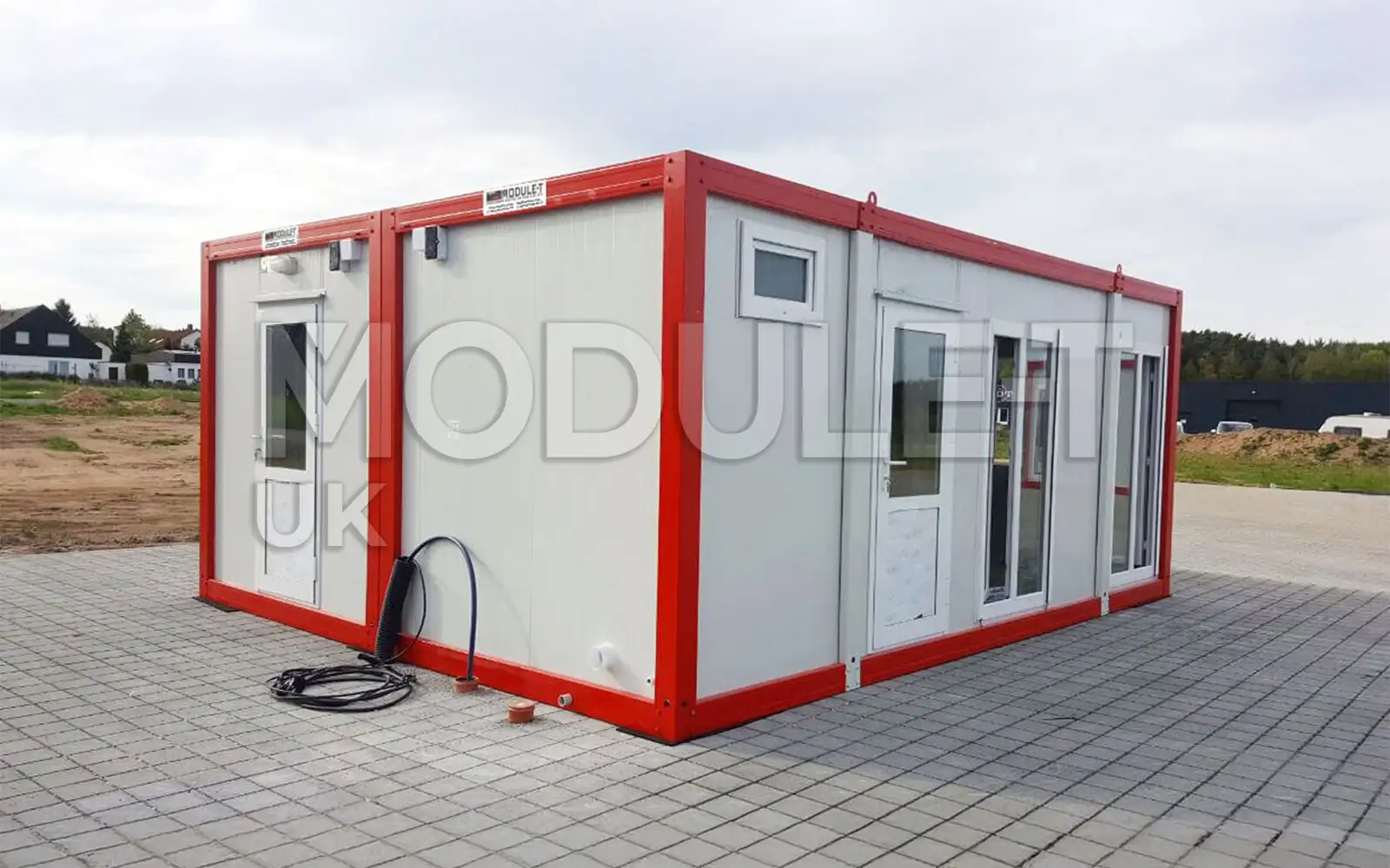 Office container red frame exterior — Module-T UK