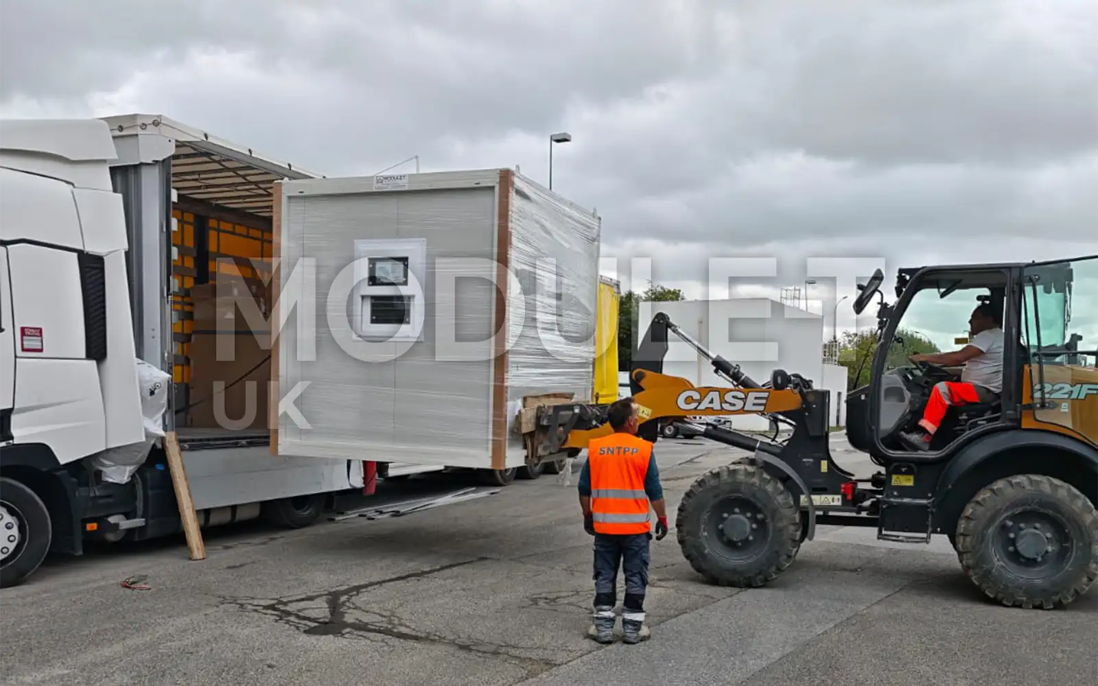 Portable security cabin being loaded for rapid UK delivery
